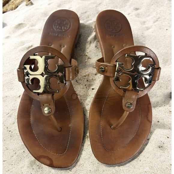 *Damaged Tory Burch Miller Leather Thong Sandals Flat Flip Flops Gold Logo 7.5 M - Picture 16 of 16